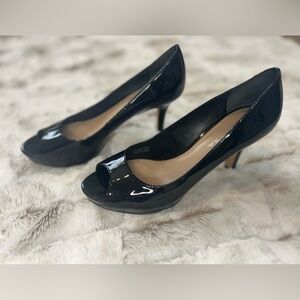 Via Spiga Black Patent Leather Peep-Toe Heels
